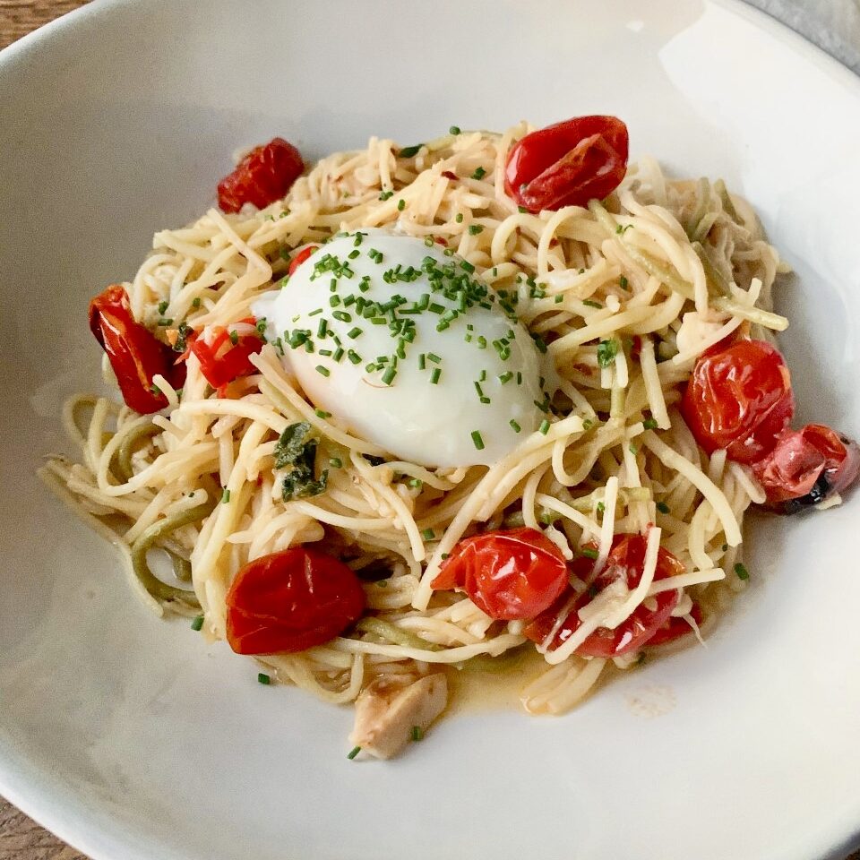 Cherry Tomato Parmesan Pasta with Sous Vide Eggs